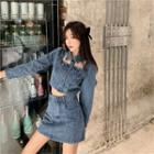 Denim Long-sleeve Blouse / High Waist Denim A-line Skirt