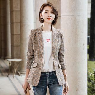 One-buttoned Plaid Blazer / Straight-cut Pants / Set