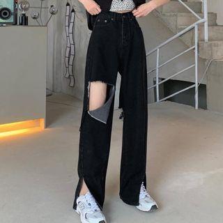 Ripped Slit-hem Wide Leg Jeans