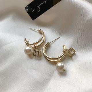 Faux Pearl Rhinestone Open Hoop Dangle Earring 1 Pair - Gold - One Size