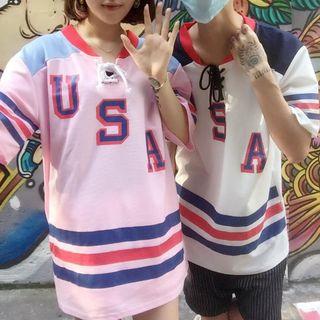 Couple Matching Lace Up Colour Block Short-sleeve T-shirt