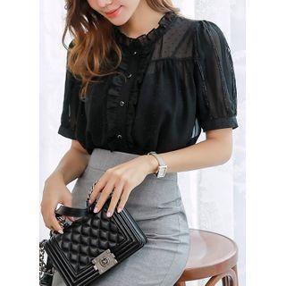 Frilled Dotted-yoke Glittered Sheer Blouse Black - One Size