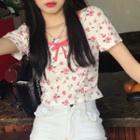 Short-sleeve Floral Top Red Floral - White - One Size