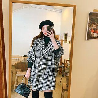 Peaked-lapel Oversized Plaid Jacket Black - One Size