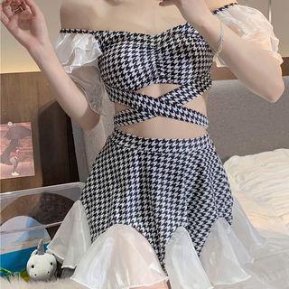 Puff-sleeve Houndstooth Bikini