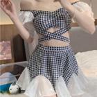 Puff-sleeve Houndstooth Bikini