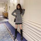 Houndstooth Long-sleeve Mini Sheath Dress Black & White - One Size