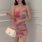 Chain Strap Tie-dyed Mini Mesh Sheath Dress