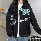 Long-sleeve Butterfly Print Zip-up Hooded Jacket