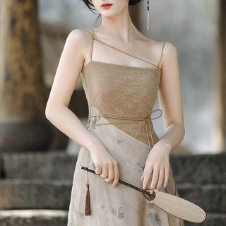 Spaghetti-strap Midi A-line Dress / Long-sleeve Shrug / Set