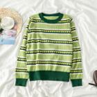 Long-sleeve Heart Print Knit Top As Shown In Figure - One Size