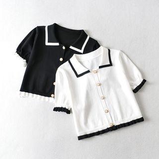 Short-sleeve Collared Two-tone Cardigan
