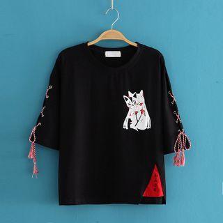 Lace-up Sleeve Print T-shirt As Shown In Figure - One Size