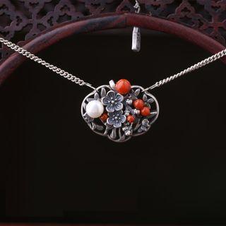Retro Flower Faux Pearl Pendant Necklace Red & Silver - One Size