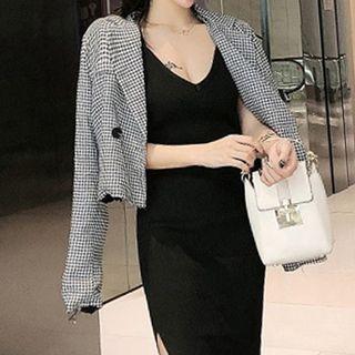 Set: Patterned Double Breasted Cropped Blazer + Sleeveless Slit Midi Sheath Dress