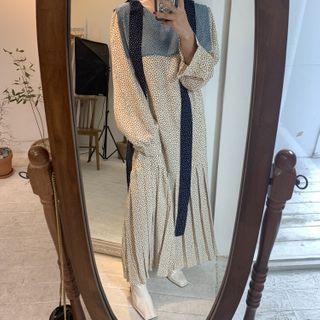 Floral Long-sleeve Midi Dress Floral - Off White & Blue - One Size