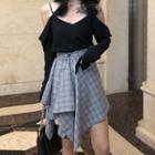 Cold-shoulder Blouse / Asymmetric Plaid A-line Skirt