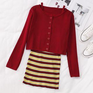Set: Long Sleeve Cardigan + Striped Sleeveless Dress Wine Red - One Size