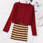 Set: Long Sleeve Cardigan + Striped Sleeveless Dress Wine Red - One Size