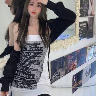 Strapless Lettering Print Mini Dress / Long-sleeve Shrug