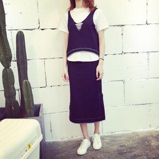 Set: Short Sleeve T-shirt + Distressed Tank Top + Midi Skirt