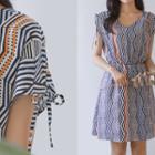 Drawstring Cap-sleeve Chevron A-line Dress