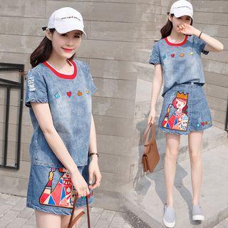 Set: Short-sleeve Denim Top + Denim Skirt