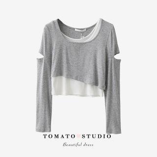 Mock Two Piece Two Tone Cutout Cropped Top