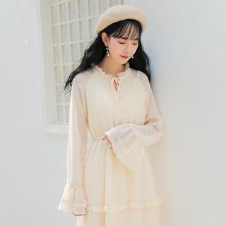 Long-sleeve Frill-trim Midi A-line Chiffon Dress