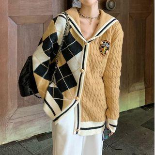 Collared Panel Argyle Cardigan Khaki - One Size