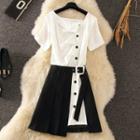 Set: Short-sleeve Buttoned Dress + Skirt