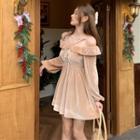 Cold-shoulder Ruffled A-line Velvet Dress