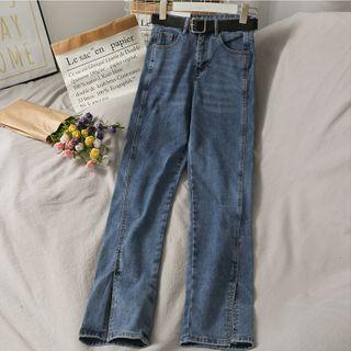 High-waist Slited Boot-cut Jeans With Belt