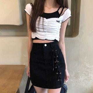 Cap-sleeve Crop Top / Camisole Top / Lace-up A-line Mini Skirt