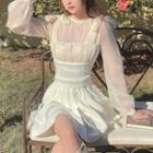 Set: Long-sleeve Mesh Blouse + Spaghetti Strap Mini A-line Dress