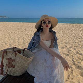 Spaghetti-strap Lace Midi A-line Dress / Camisole Top / Puff-sleeve Dress / Jacket