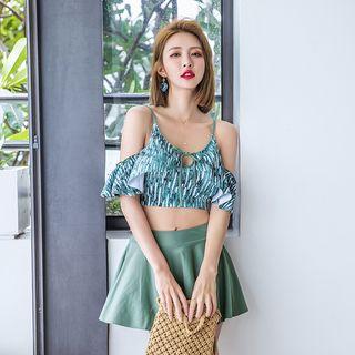 Set: Cold-shoulder Printed Swim Top + Swim Skirt