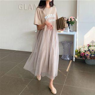 Short-sleeve Mesh Panel Lettering Maxi A-line Dress