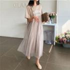 Short-sleeve Mesh Panel Lettering Maxi A-line Dress
