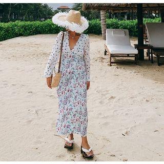 Dotted-sleeve Floral Print Midi A-line Dress