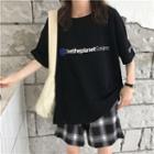 Elbow-sleeve Letter T-shirt / Plaid Wide-leg Shorts