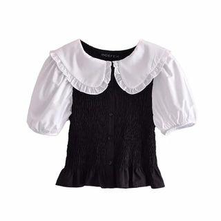 Puff-sleeve Two-tone Panel Cropped Blouse