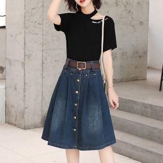 Set: Short-sleeve Cutout Lettering T-shirt + Midi A-line Denim Skirt