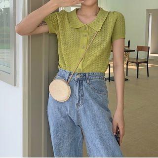 Short-sleeve Collared Button-up Knit Top