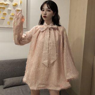 Balloon-sleeve Tie-neck Furry Tunic Dress Pink - One Size