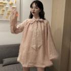Balloon-sleeve Tie-neck Furry Tunic Dress Pink - One Size