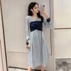 V-neck Long-sleeve Twisted Panel Midi A-line Dress