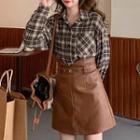Plaid Shirt / Faux Leather A-line Skirt