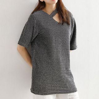 Strap Detail Glitter Short-sleeve T-shirt