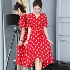 Dotted Tie-waist Short-sleeve Midi A-line Dress